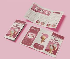 an ice cream shop trifold brochure is displayed on a pink background with other items