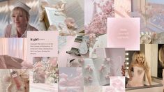 a collage of pink and white images with words written on the side of them