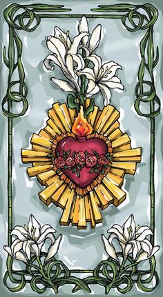 a painting of a heart with flowers in the center and an ornate frame around it