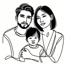 a black and white line drawing of a family with a baby in their lap looking at the camera