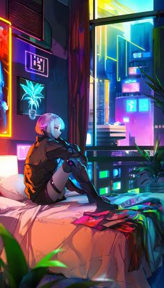 a woman sitting on top of a bed next to a window in a room with neon lights