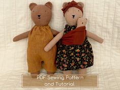 two teddy bears are laying next to each other on a white background with the words pdf sewing pattern and tutor written below