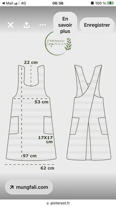 the pattern for an overall dress is shown, and it has measurements to be measured