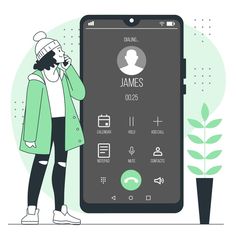 a man standing in front of a phone with the name james on it and an image of