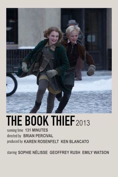 the book thief 2013 movie poster with two girls in winter clothes and one man running