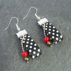 black and white polka dot earrings with red beads