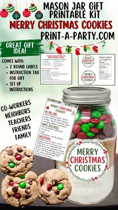 christmas cookie mix recipe in a jar with instructions and printables on the side