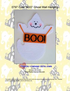 a cross stitch ghost with the word boo on it's chest is shown in orange and white