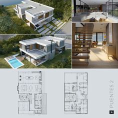 the plans for this modern house include two floors and three levels, with an open floor plan