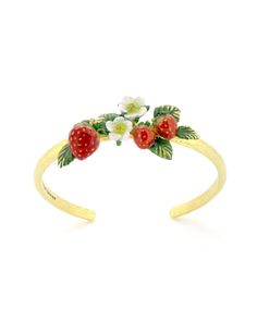 Strawberry Blossom Bangle | Strawberry Forever Heartmade + handcrafted in every detail. Every handmade item is quirky and unique, which makes it special. Handcrafted and fully processed produce in Thailand. // materials: polished brass with 18k gold plating ( Brass is an alloy made mainly of copper and zinc ) // finishing: high-quality enamel and unique coating technique // colour: red, green, white, light green, 18kgold 2023 September Gold Beach Jewelry, Strawberry Accessories, Strawberry Blossom, Strawberry Jewelry, Magical Stuff, Strawberry Outfit, Strawberry Ring, Dress Reference, Short Cake