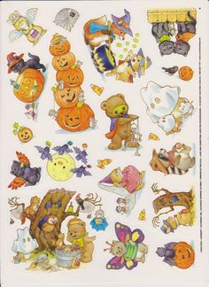 an assortment of halloween stickers on a white sheet with lots of pumpkins and bears