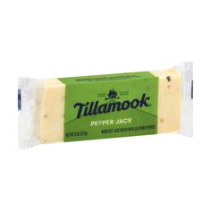 a block of cheese with the word'tillamook pepper jack'on it