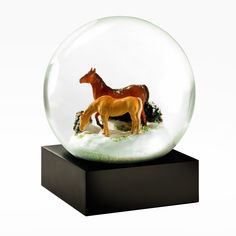 two miniature horses in a snow globe on top of a black stand with white background