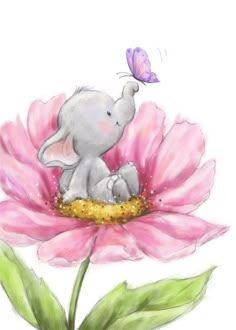 an elephant is sitting on top of a pink flower with a butterfly flying above it