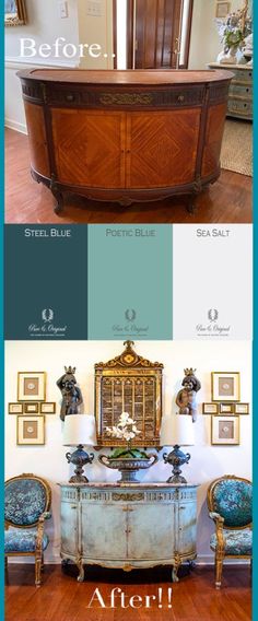 the before and after pictures of an antique furniture makeover with teal blue paint