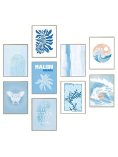 a bunch of pictures hanging on the wall with blue and white artwork above them that says maldiw