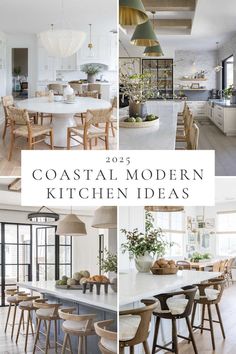 Beautiful coastal modern kitchen ideas and trends for 2025, with lighting, cabinet colors, backsplash ideas, kitchen decor, white oak and white kitchens, California casual style, modern coastal farmhouse kitchens, kitchen remodel inspiration, and more!