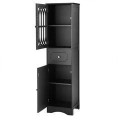 a tall black cabinet with two doors and one door open to reveal the bottom shelf