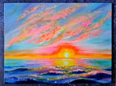 an acrylic painting of a sunset over the ocean with clouds and sun in the sky