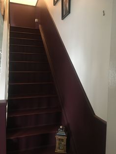 the stairs are lined with purple carpet and there is a small lantern on the bottom