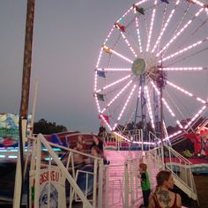 a ferris wheel at an amusement park during the night with people sitting on benches around it