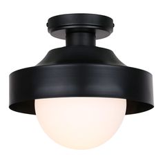 a black ceiling light with a white glass shade