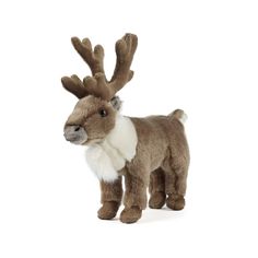 a stuffed reindeer is standing up against a white background and it's head turned to the side