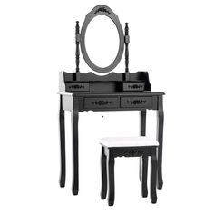 an antique vanity with stool and mirror in black and white color, isolated against a white background