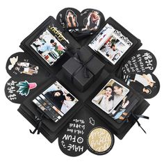 a black box with pictures on it and some magnets attached to the top of it