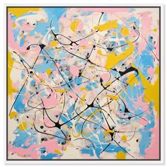 an abstract painting with blue, yellow and pink colors