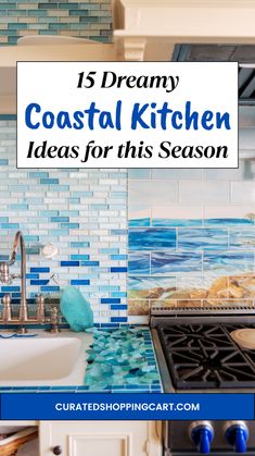 a kitchen with blue and white tile on the backsplash is featured in this article