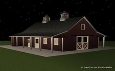 a red barn at night with stars in the sky