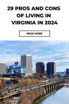 the city skyline and river with text overlay reading 29 pros and cons of living in virginia in 202