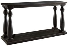 a black console table with two wooden posts on each end and one shelf below it