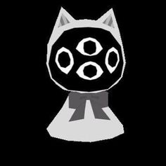 a black and white drawing of a cat's head with four pointed eyes on it