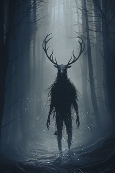 a man with horns standing in the middle of a forest filled with trees and fog