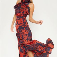 Futuring A Navy Floral Print, Wrap Design, High Neck, Ruffle Detail, Zipper At The Back. It's Such A Standout Piece & Looks Way More Expensive. Armpit To Armpit 18in Waist 14in Length Approx 58in Size 6 Us Orangey / Red Chic Orange Floral Print Dress, Orange Floral Print Cocktail Dress, فستان زهري, Floral Ruffle Dress, Wedding Guest Dresses, Floral Print Maxi, Pleated Midi Dress, Pretty Little Thing, Short Wedding Dress