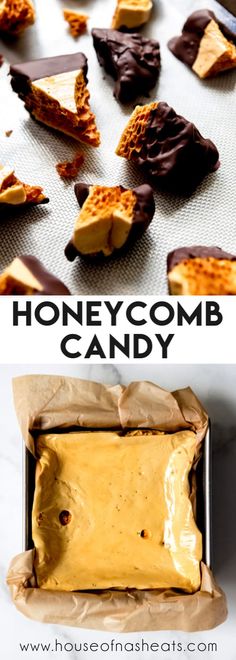 homemade honeycomb candy in a baking pan with the words honeycomb candy on it