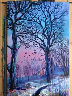 a painting of two trees in the snow with birds flying around and one tree has no leaves on it