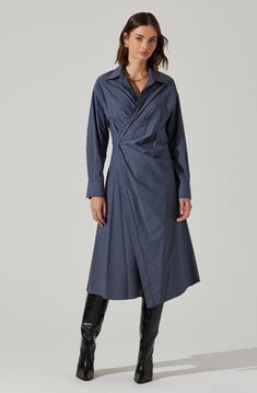 Asymmetrical wrap midi dress Pinstripe detail Button closure at center front and side Dry clean only 72% Cotton, 25% Nylon, 3% Elastane Style #ACDR102475 Popped Collar, Dress Collar, Astr The Label, Wrap Midi Dress, Quiet Luxury, Collar Dress, Latest Fashion For Women, Denim Blue, Guest Dresses