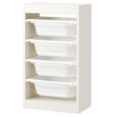 a white shelf with three plastic containers on top and two empty ones in the bottom