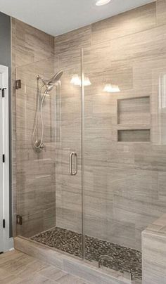 a walk in shower sitting inside of a bathroom