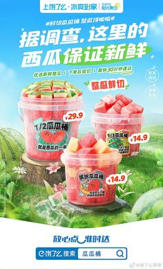 two plastic containers filled with watermelon sitting on top of a lush green field