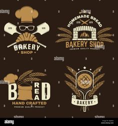 vintage bakery shop emblems and badges set on brown background with wheat, bread, baker hat