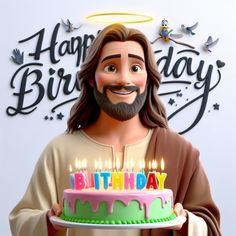 a man holding a birthday cake with lit candles on it in front of a happy birthday sign