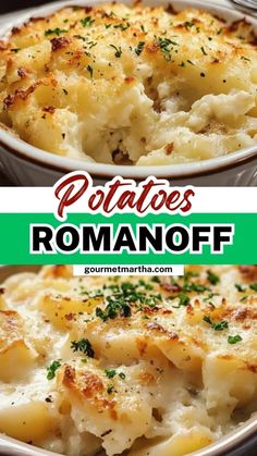 two pictures of potatoes with cheese and parmesan on the side, one is in a casserole dish