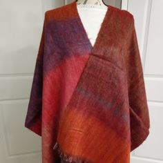 Artisanal Handcrafted Multi Color Shawl Alpaca Blend, Boutique Quality, Furry Texture, Gorgeous Color Combination. Handmade In Ecuador By A Skilled Artisan Weaver. 25" Wide 75" Long Including Fringe Handwoven Shawls, Shrug Sweater, Color Combination, Ponchos, Orange Red, Ecuador, Alpaca, Color Combinations, Shawl