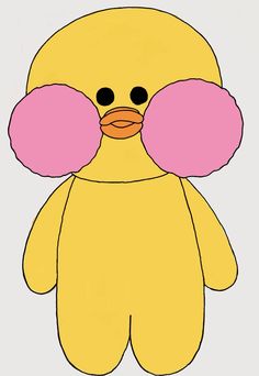 an image of a yellow duck with pink mittens