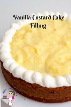 vanilla custard cake filling on a white plate with the words vanilla custard cake filling