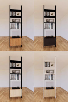 four different views of a bookshelf with various shelves and drawers on each shelf